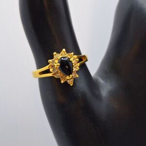 18k Gold Filled Vintage Women's Ring Black Onyx Rhinestone Cocktail Elegant SZ 9